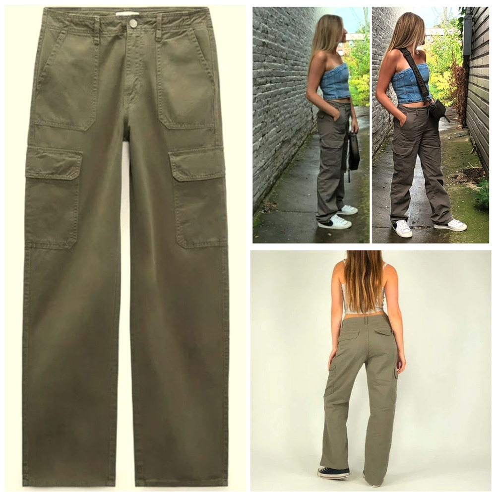 Y2k Zara Cargo Pants 8 x31 Army Green High Rise Paratrooper Military Gorpcore